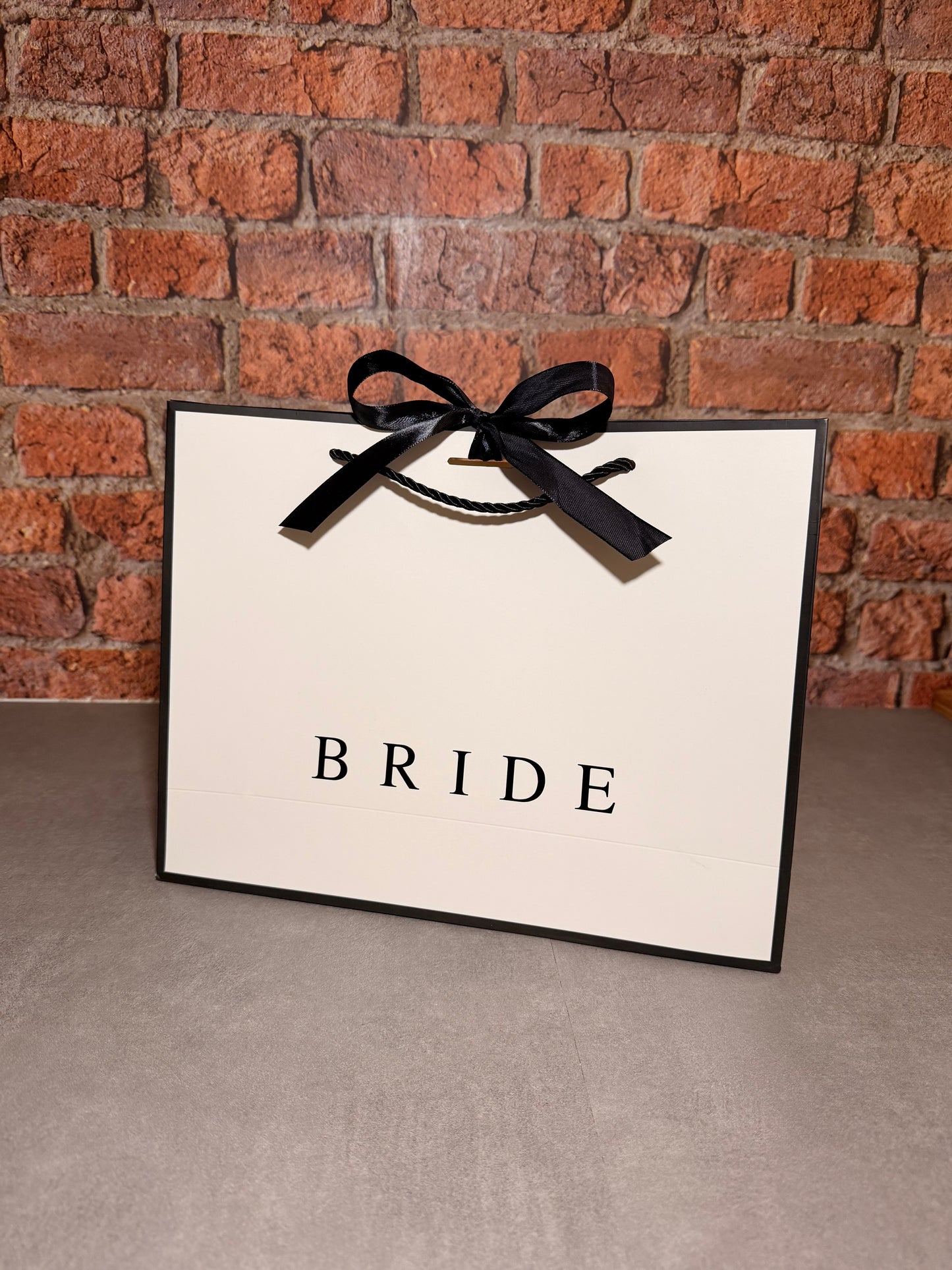 Personalised NAME - Ribbon Tie Gift Bags - White with Black Trim & Ribbon