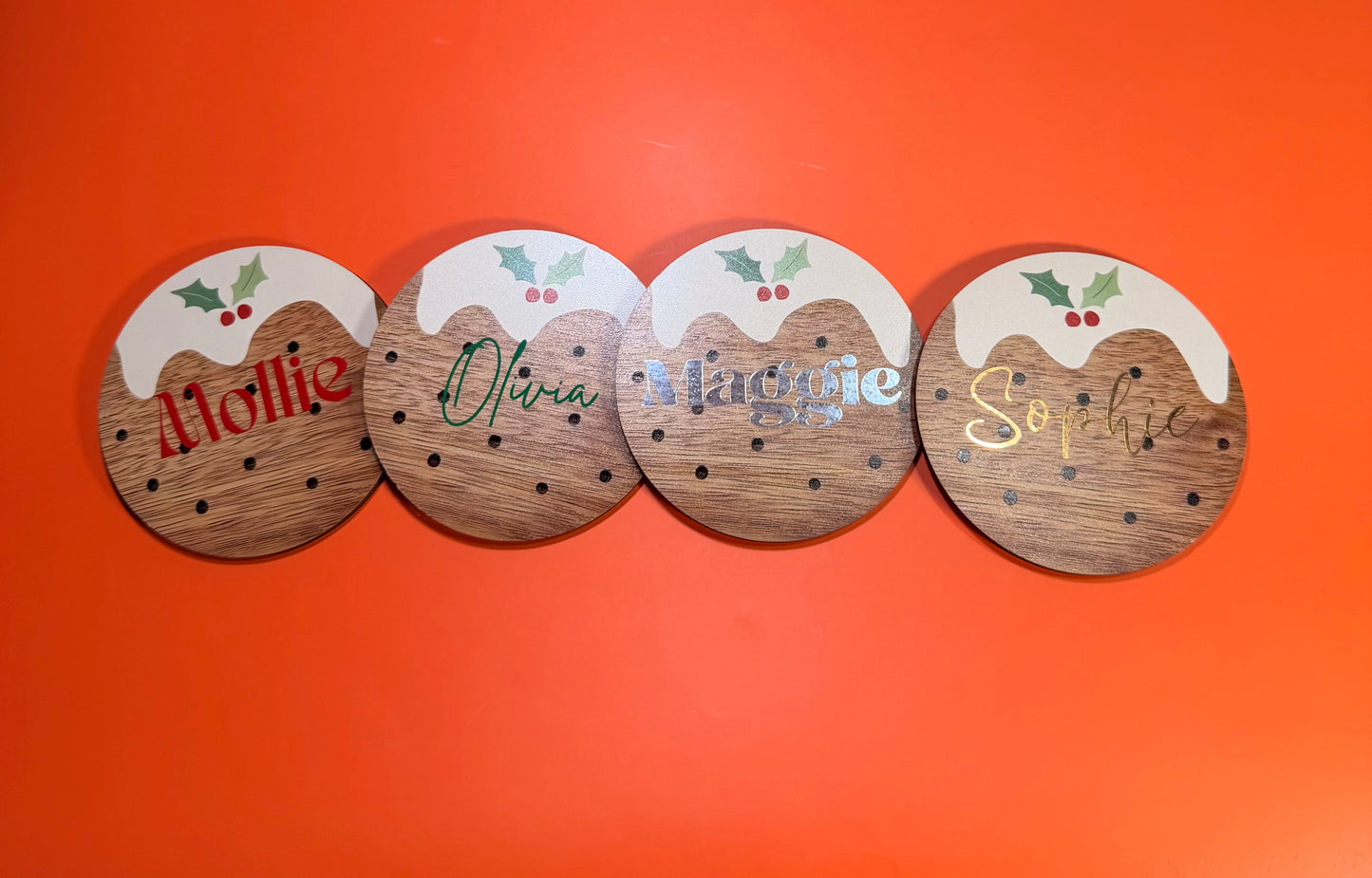 Personalised Christmas Pudding Coasters: Festive Place Name Gifts