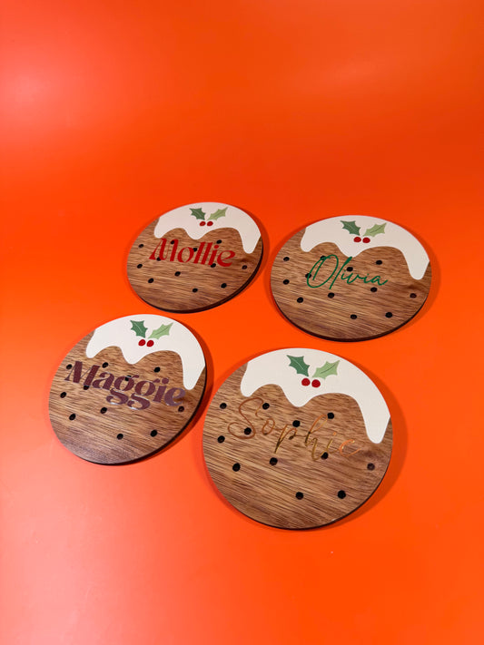 Personalised Christmas Pudding Coasters: Festive Place Name Gifts