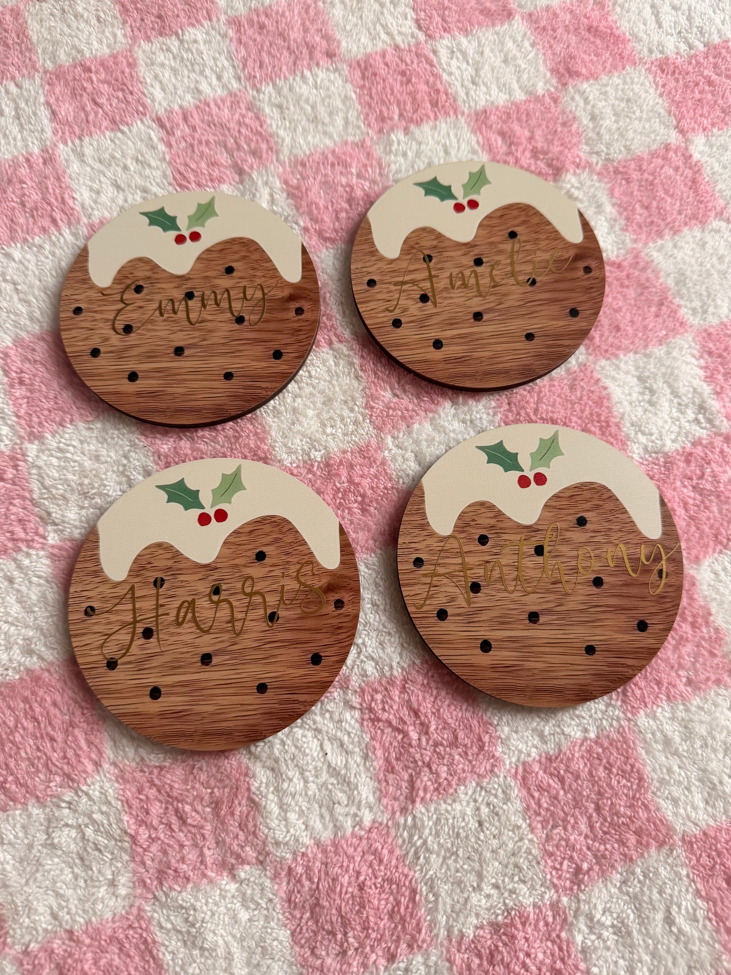 Personalised Christmas Pudding Coasters: Festive Place Name Gifts