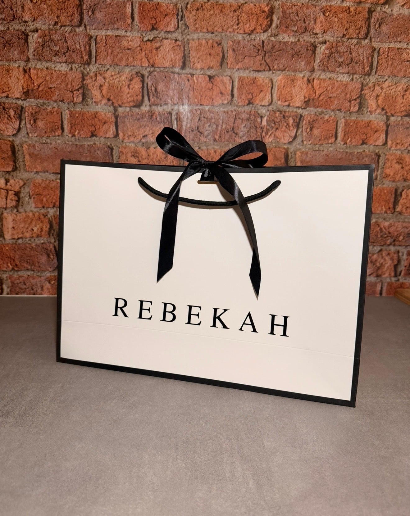 Personalised NAME - Ribbon Tie Gift Bags - White with Black Trim & Ribbon