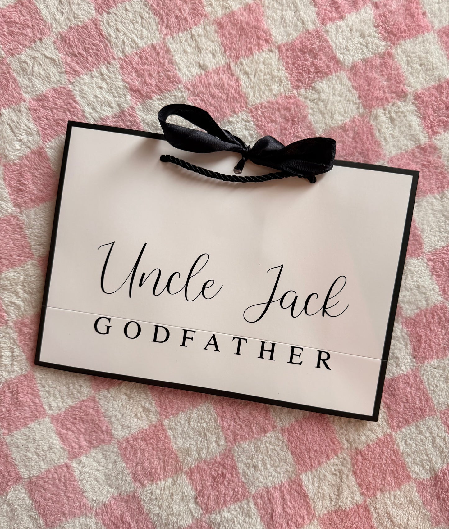 Personalised Ribbon Tie Gift Bag: White with Black Trim