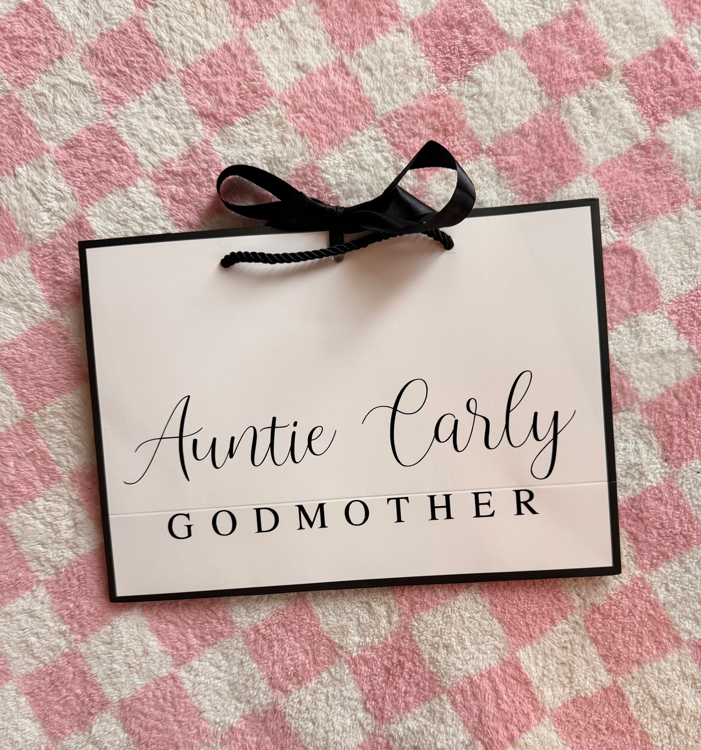 Personalised Ribbon Tie Gift Bag: White with Black Trim