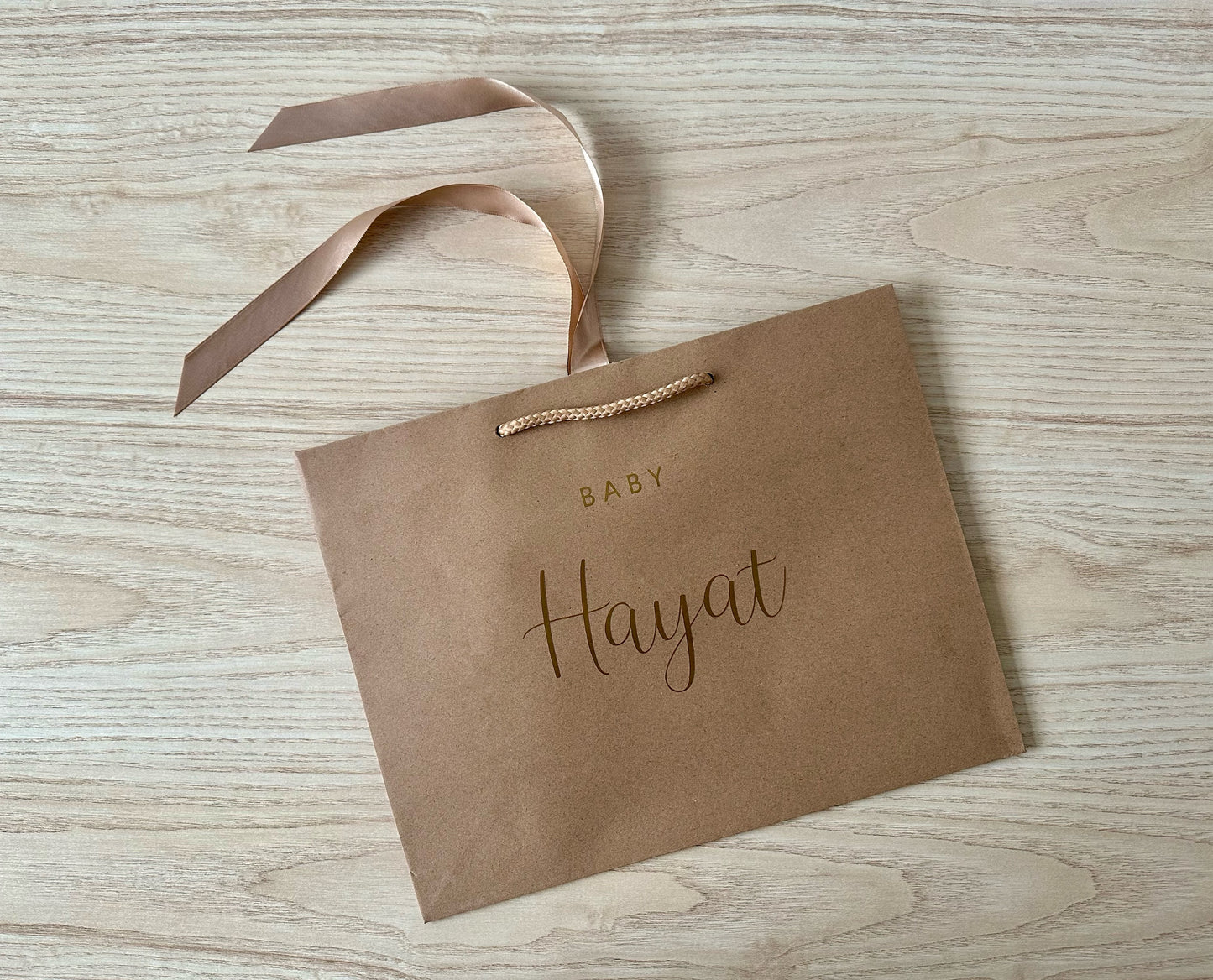 KRAFT - Personalised - BABY Surname - Ribbon Tie Natural Rope Gift Bag