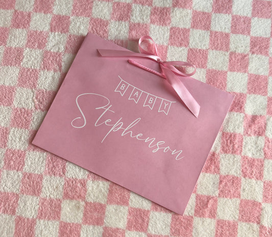 Personalised - BABY Surname - Ribbon Tie Natural Rope Gift Bag