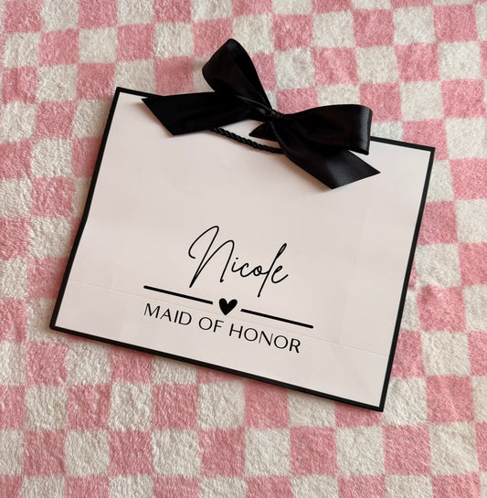 Personalised NAME & TITLE - Ribbon Tie Gift Bags - White with Black Trim & Ribbon