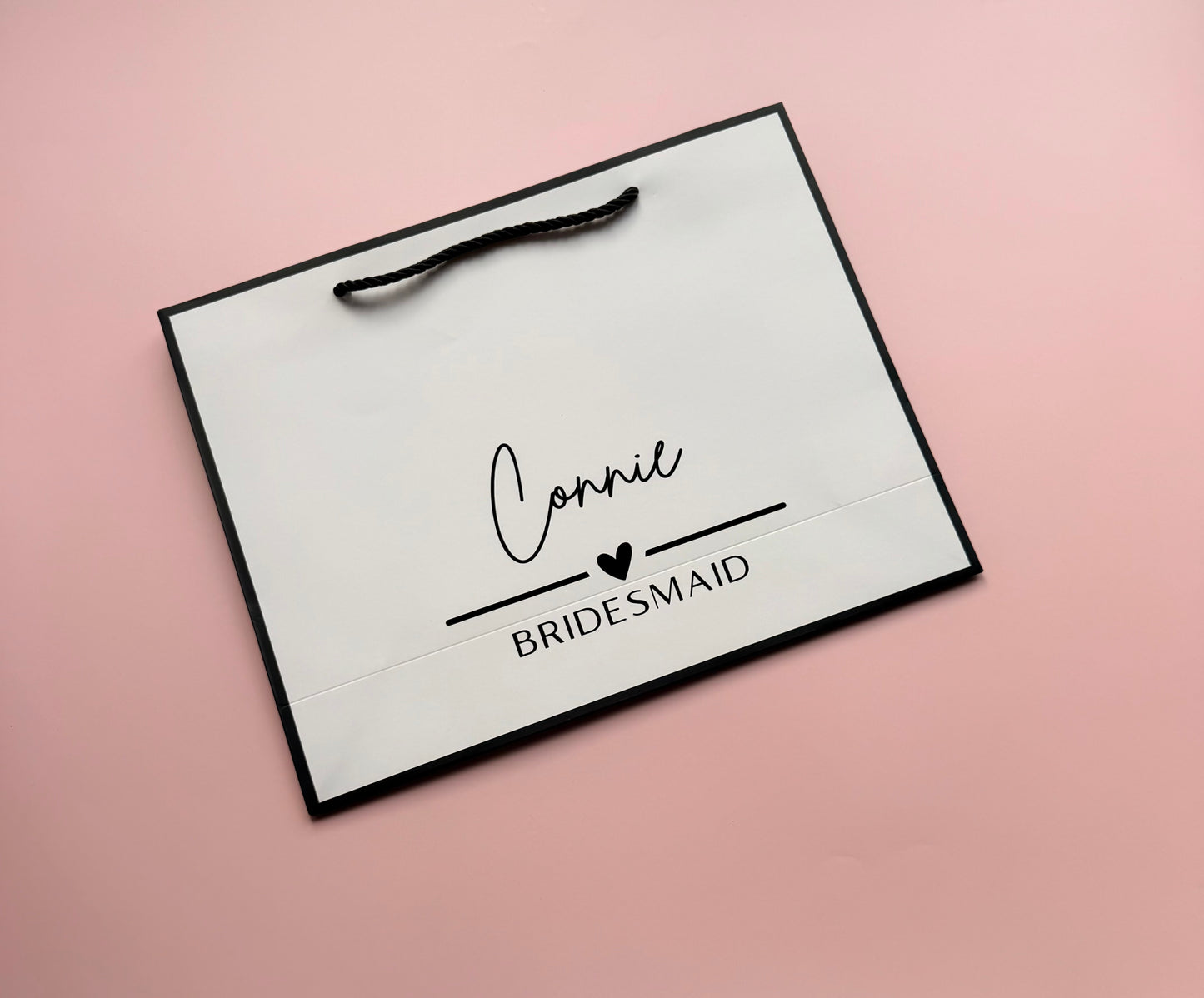 Personalised NAME & TITLE - Ribbon Tie Gift Bags - White with Black Trim & Ribbon