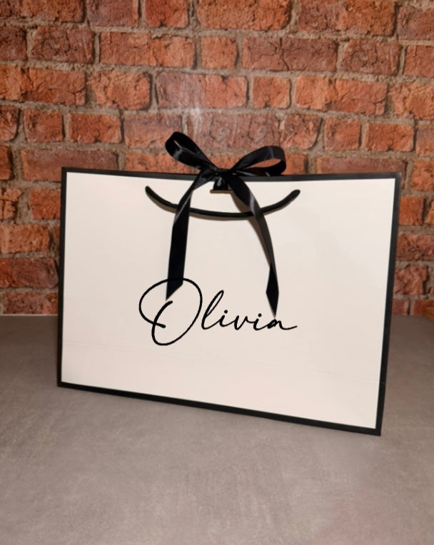 Personalised NAME - Ribbon Tie Gift Bags - White with Black Trim & Ribbon