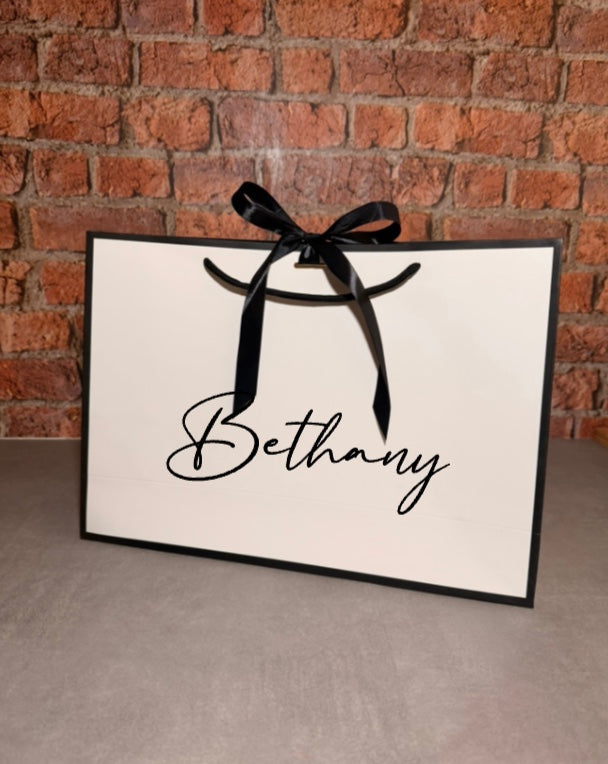 Personalised NAME - Ribbon Tie Gift Bags - White with Black Trim & Ribbon