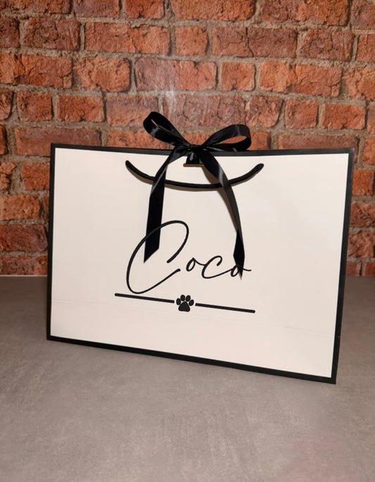 Personalised Dog Puppy NAME - Ribbon Tie Gift Bags - White with Black Trim & Ribbon