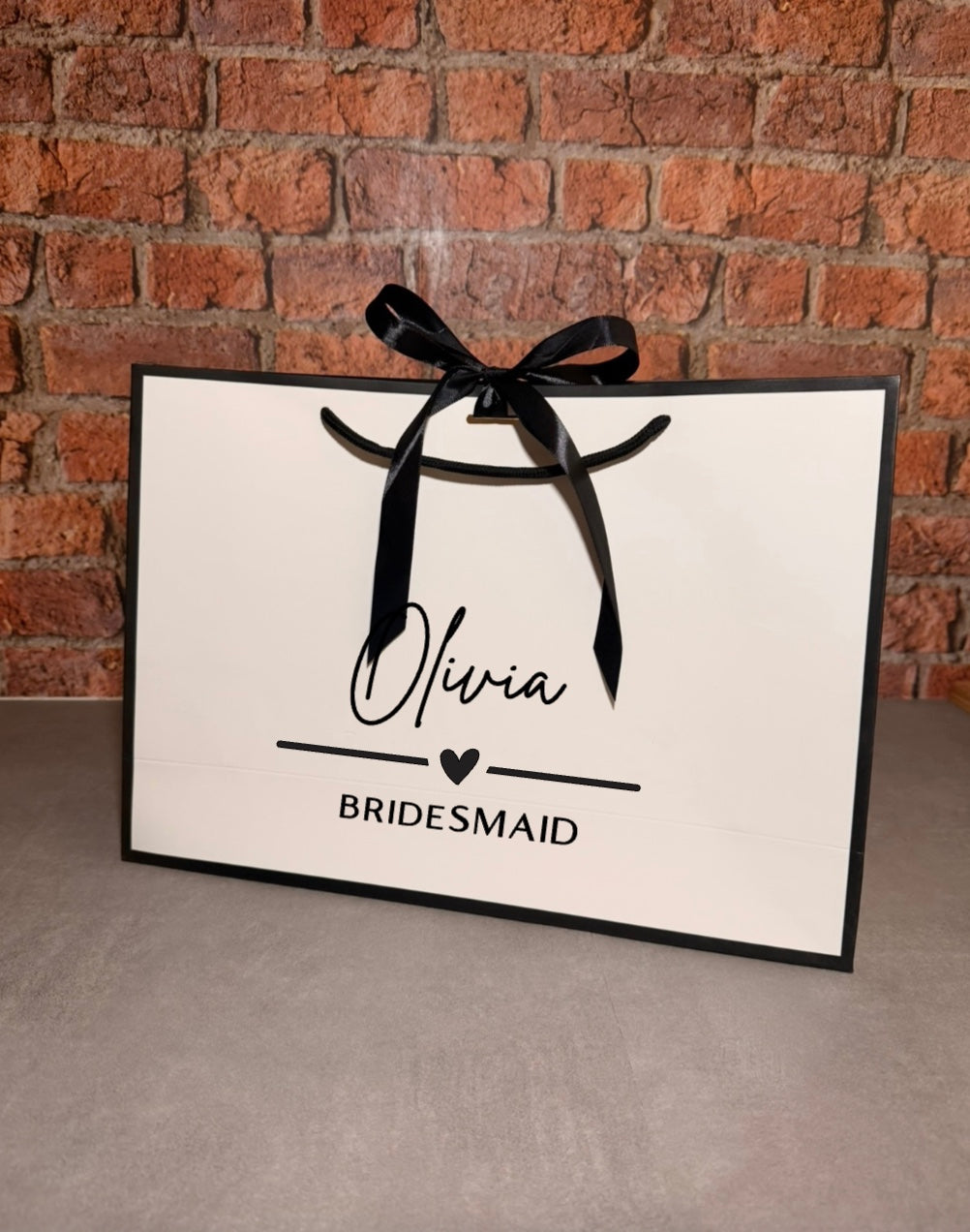 Personalised NAME & TITLE - Ribbon Tie Gift Bags - White with Black Trim & Ribbon