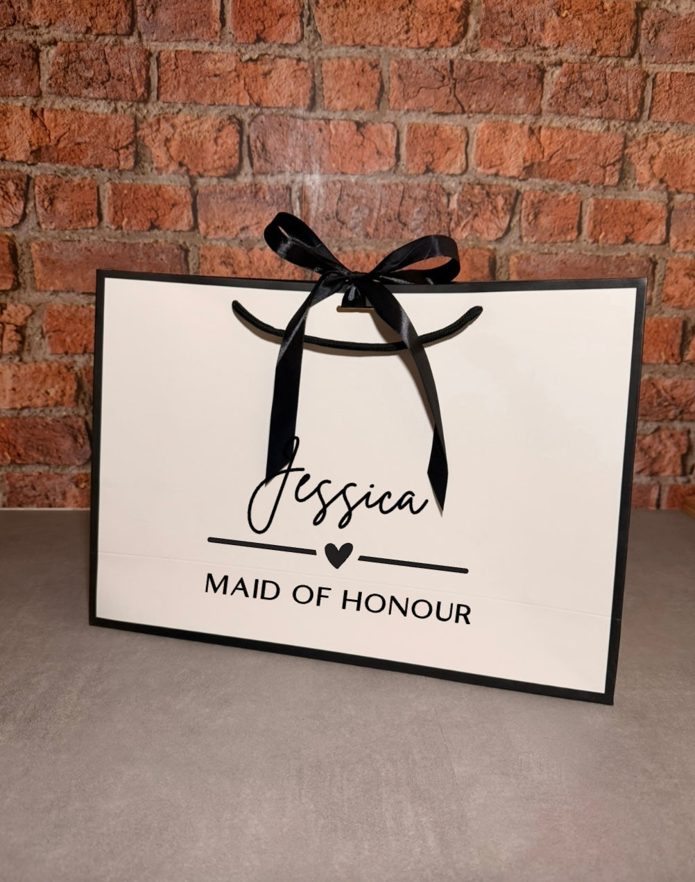 Personalised NAME & TITLE - Ribbon Tie Gift Bags - White with Black Trim & Ribbon